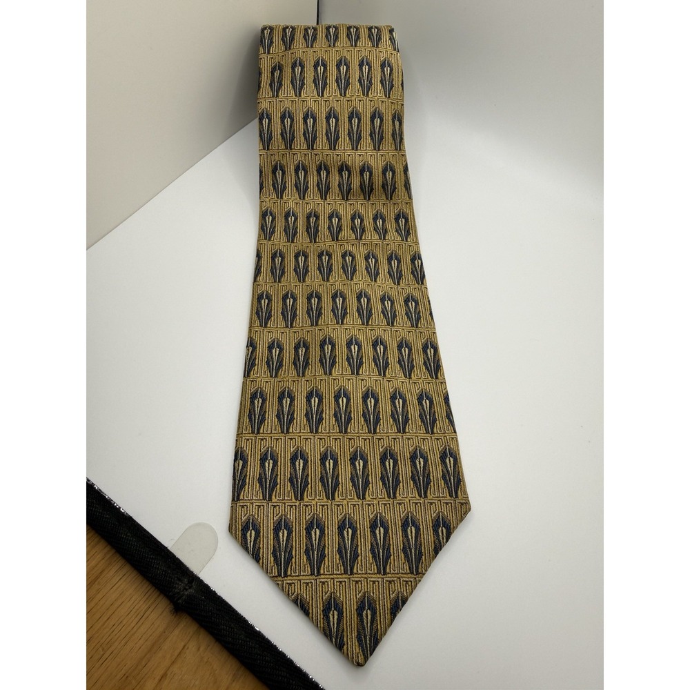 Vintage Robert Talbott H Stockton Silk Tie Gold Blue Art Deco USA 59.5" x 3.75"